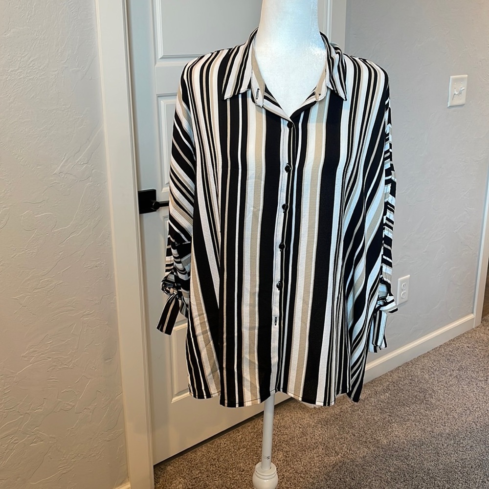 Black, tan, and white striped blouse